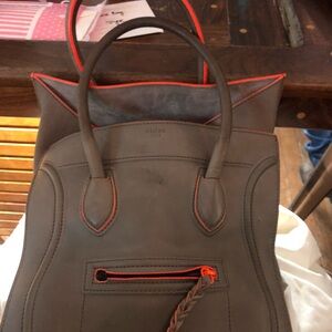 Celine Taupe and Neon Orange Handbag